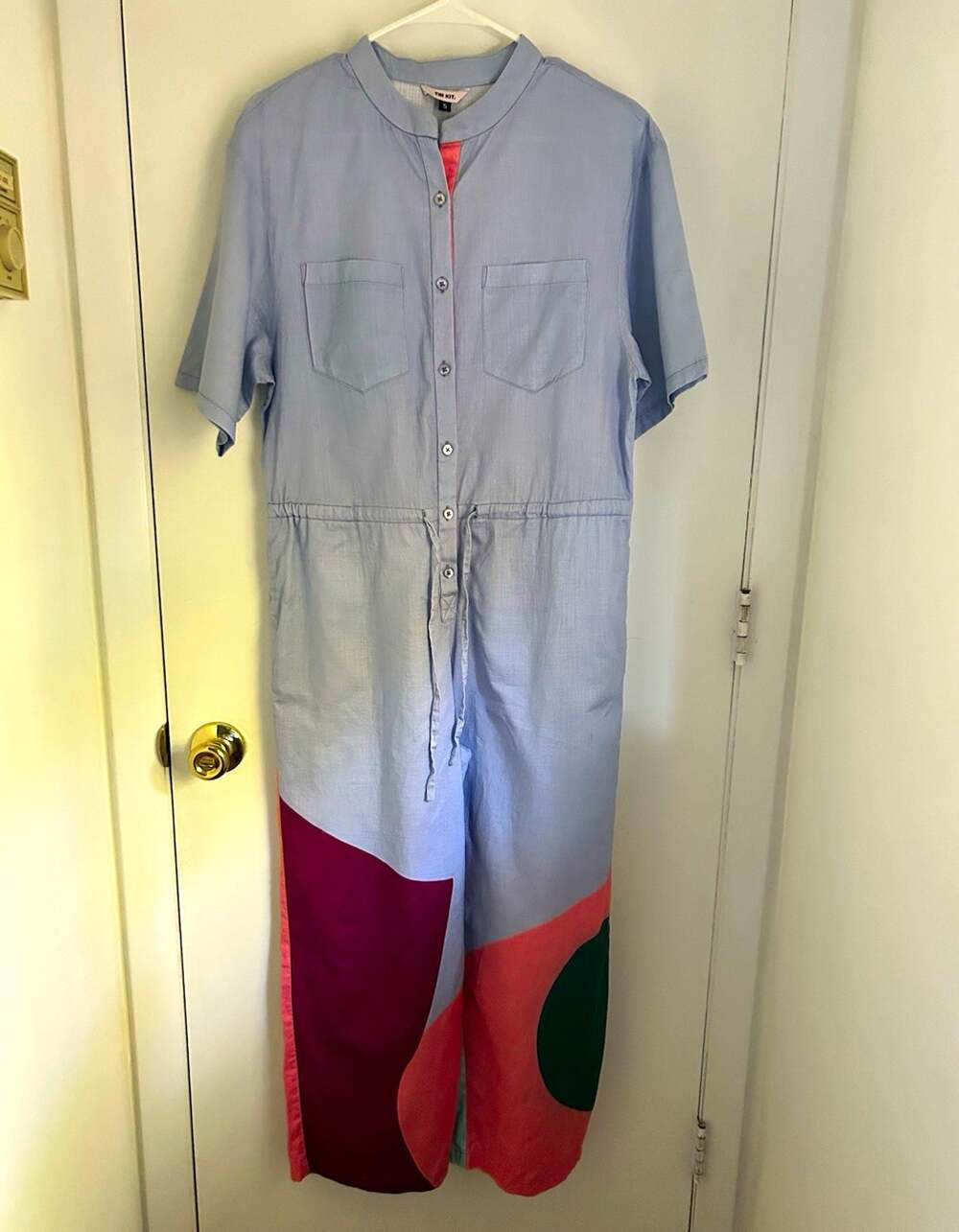 THE KIT. 100% Cotton Colorblock Jumpsuit S Short Sleeve Button Front Pockets